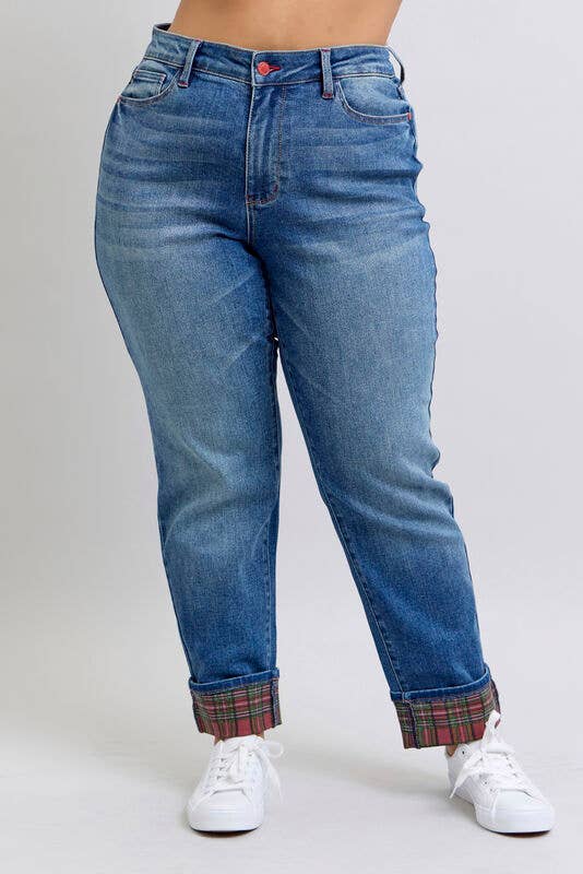 MR Plaid Print Cuff Boyfriend Jeans by Judy Blue – Plus Size